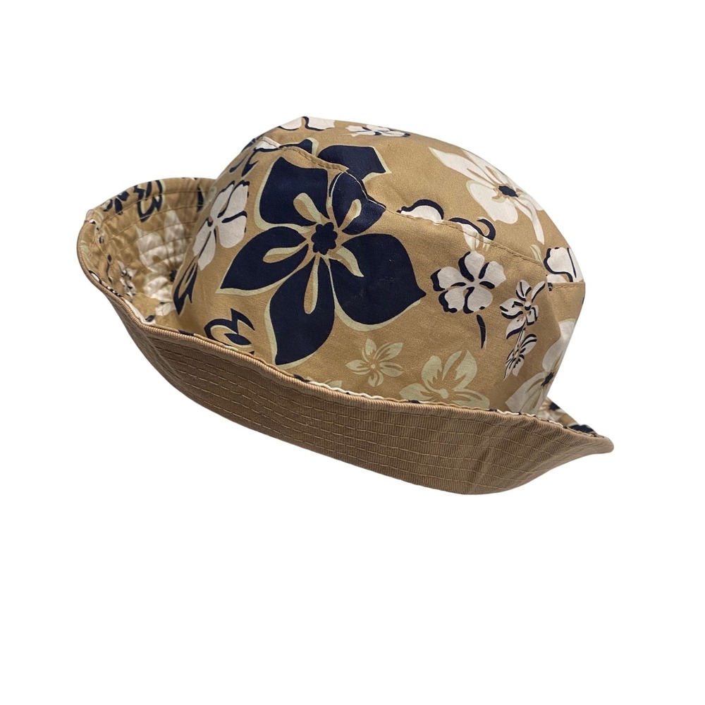 Floral Tropical Bucket Hat Tan Navy Stitched Brim Interior Stash Pocket 1972
